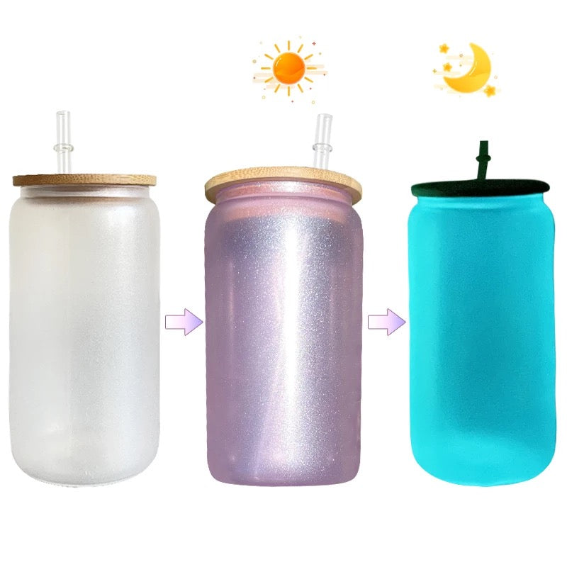 FREE GIFT3 In 1 UV and Glow 16oz Sublimation Glass Can With Bamboo Lid