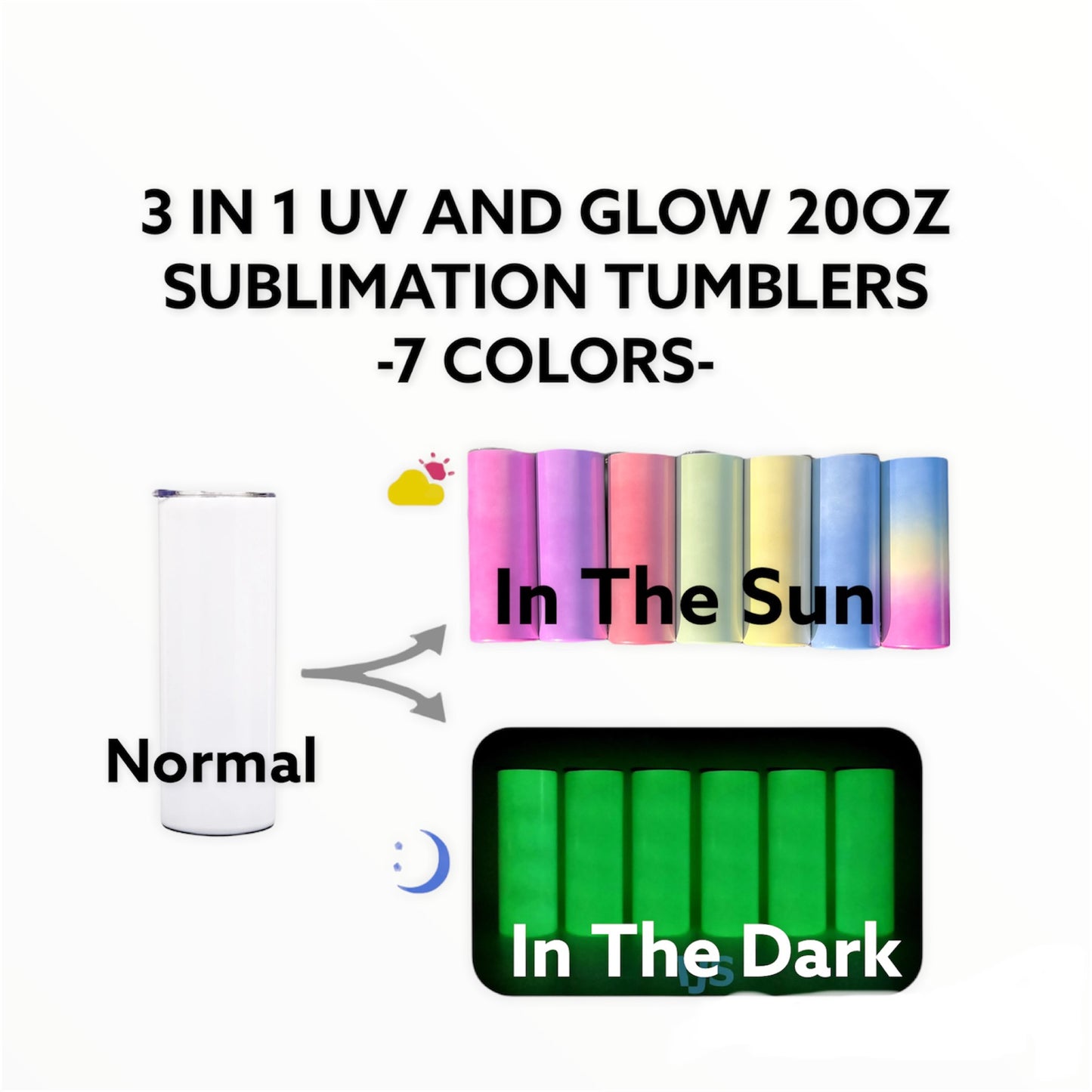 20oz Straight 3 in 1 White to UV and Glow In The Dark Sublimation Tumblers