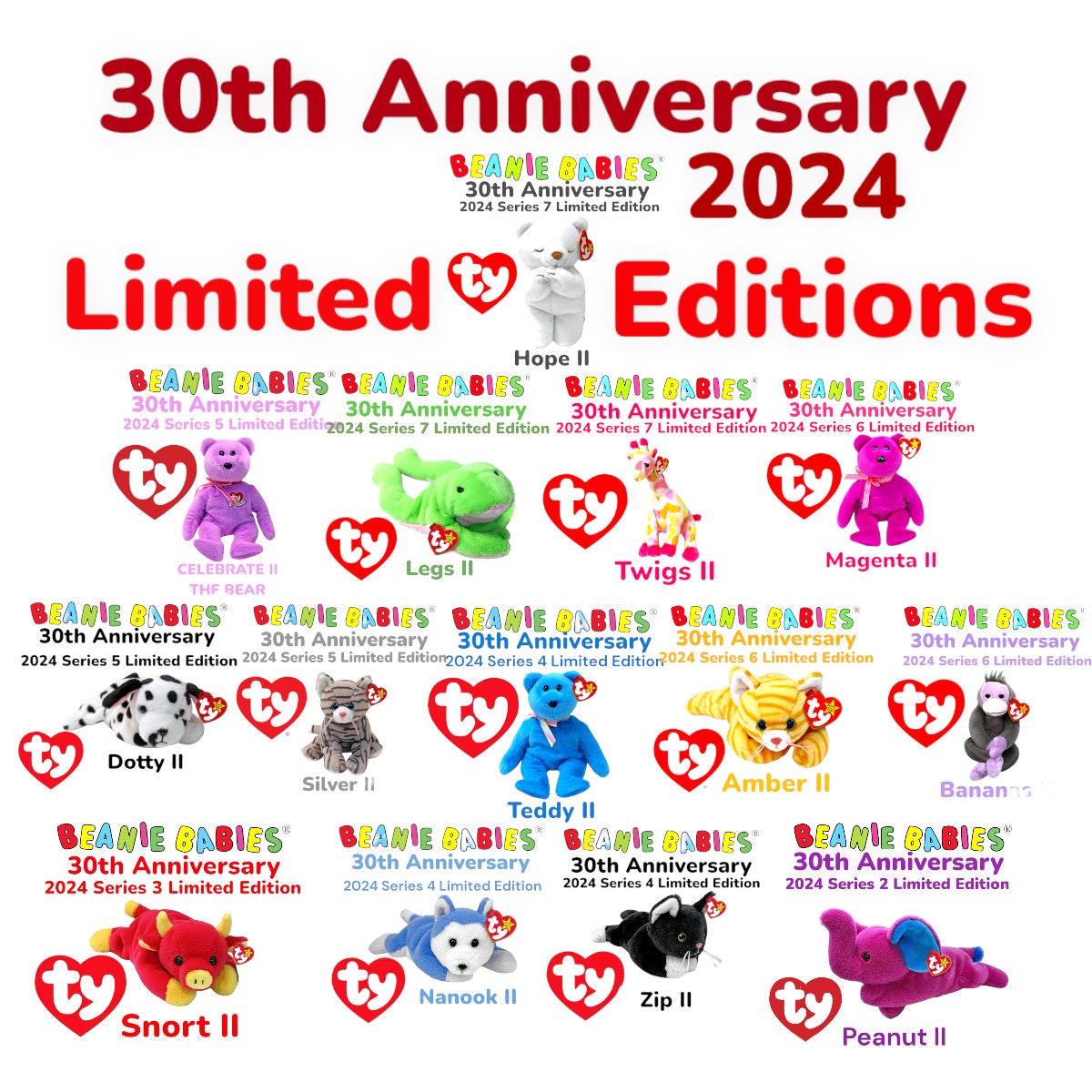 Ty Beanie Babies 30th Anniversary Limited Edition Beanie Baby (Some already retired) LOTS OF OPTIONS!! In Stock!!