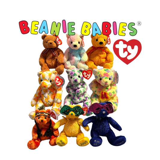 Ty Beanie Babies Bears-Corsage, Shasta, Bloom, Mardi Gras, Masque, Poopsie, Woody and Mellow