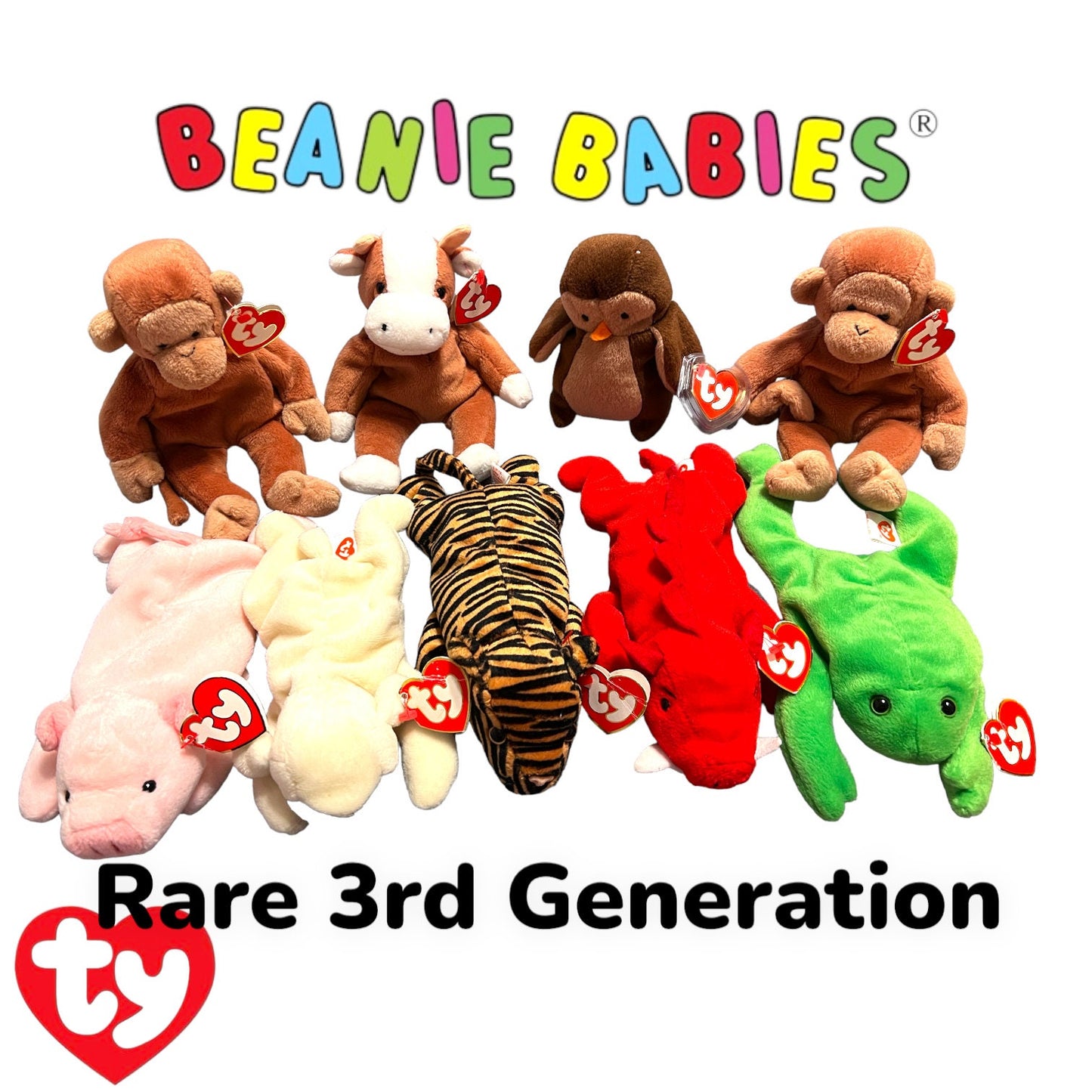 3rd Generation Rare Ty Beanie Babies. Bessie, Bongo both versions, Legs, Grunt, Chops, Squealer, Hoot, Stripes
