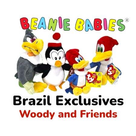 Ty Beanie Babies Brazil Exclusives Authentic Woody Woodpecker, Winnie, Buzz and Chilly Willy RARE and Retired LIMITED SUPPLY