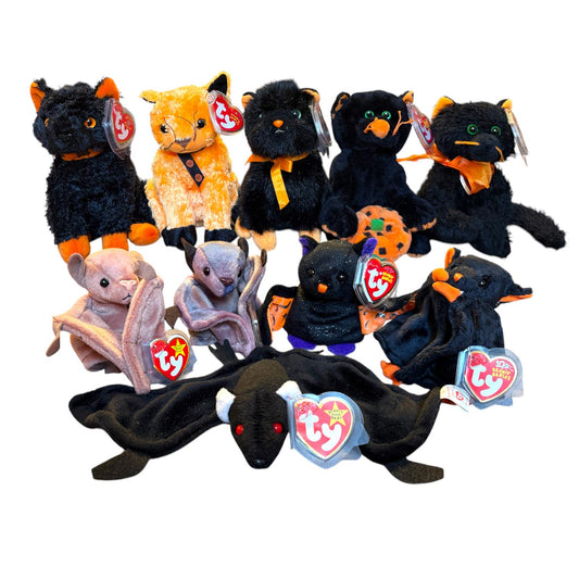 Ty Beanie Babies Halloween Bats And Cats Radar, Batty, Bat-e, Scarem, Moonlight, Jinxy, Fraidy, Scared-e, Superstititon