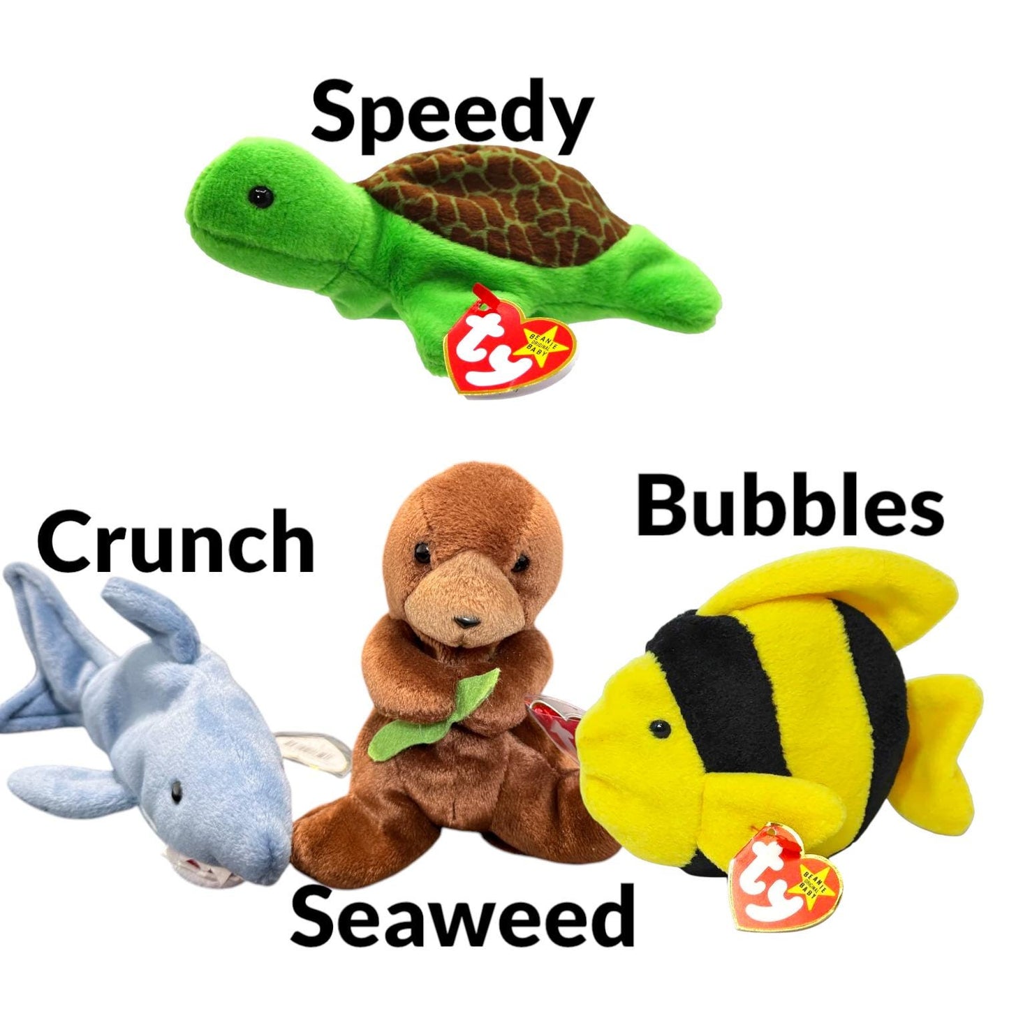 Ty Beanie Babies Manny, Tusk, Bubbles, Speedy, Happy, Lips, Oriel, Poseidon, Quackers, Scoop, Pinky, Wish, Zoom, Peekaboo, Tubbo, Ally, Echo