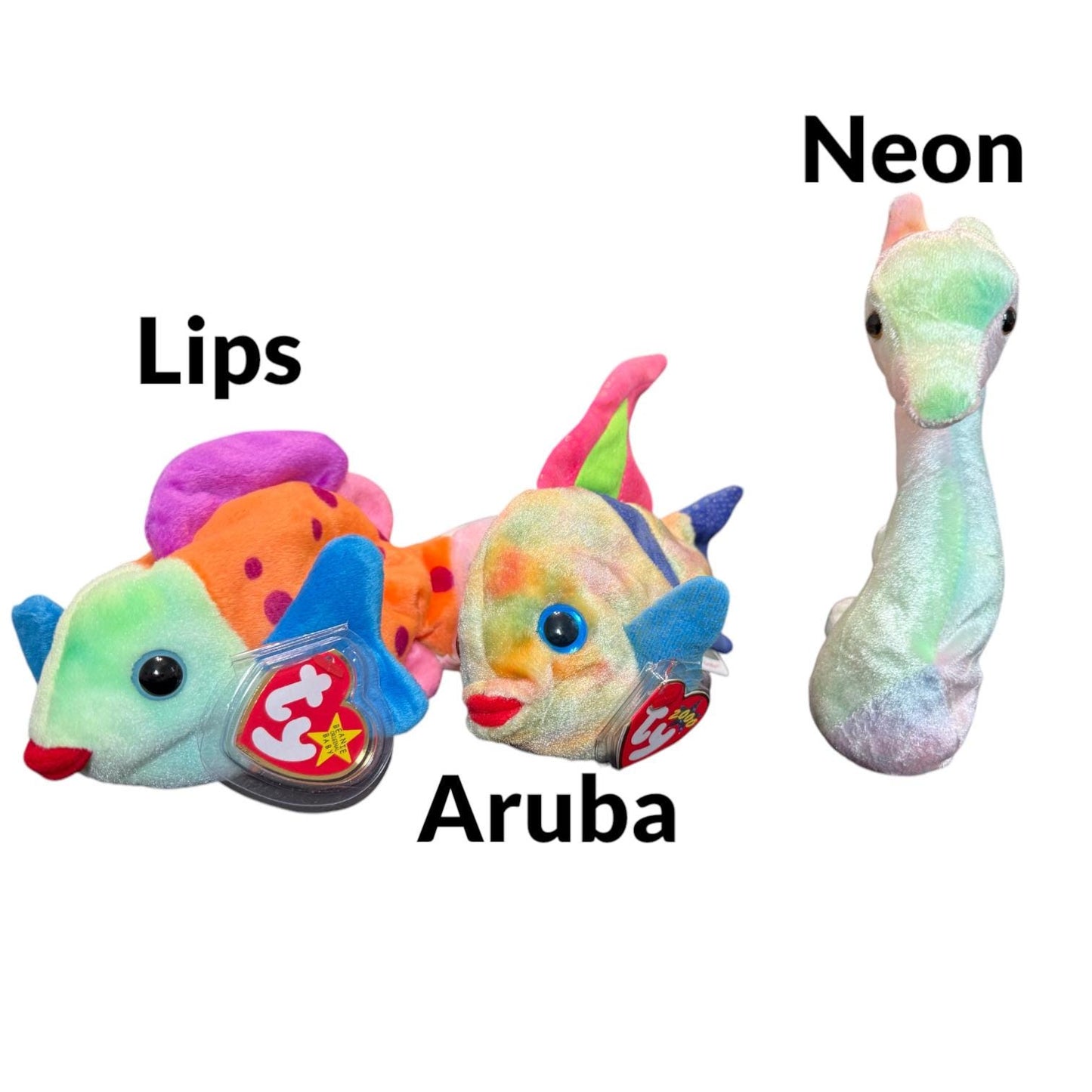 Ty Beanie Babies Manny, Tusk, Bubbles, Speedy, Happy, Lips, Oriel, Poseidon, Quackers, Scoop, Pinky, Wish, Zoom, Peekaboo, Tubbo, Ally, Echo