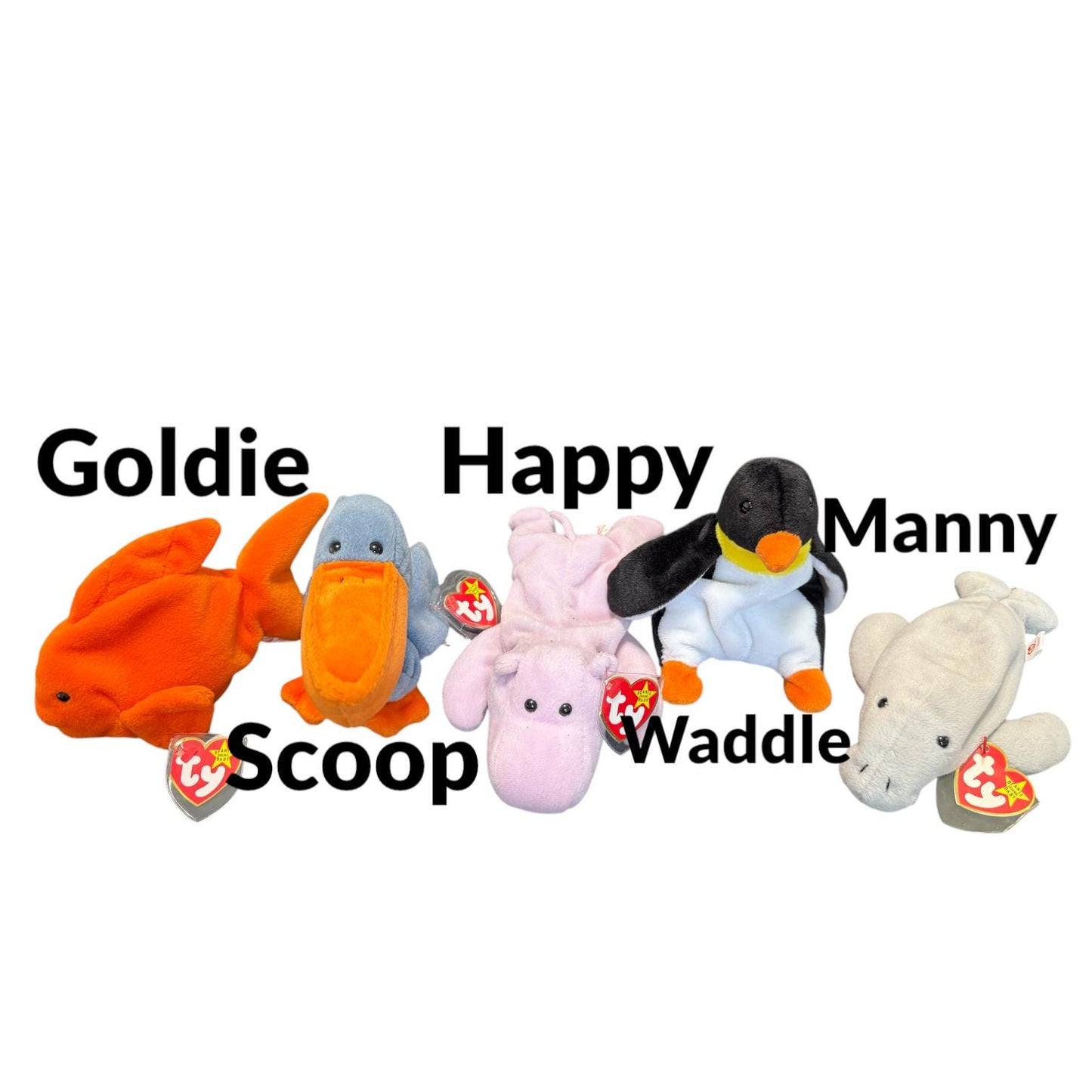 Ty Beanie Babies Manny, Tusk, Bubbles, Speedy, Happy, Lips, Oriel, Poseidon, Quackers, Scoop, Pinky, Wish, Zoom, Peekaboo, Tubbo, Ally, Echo