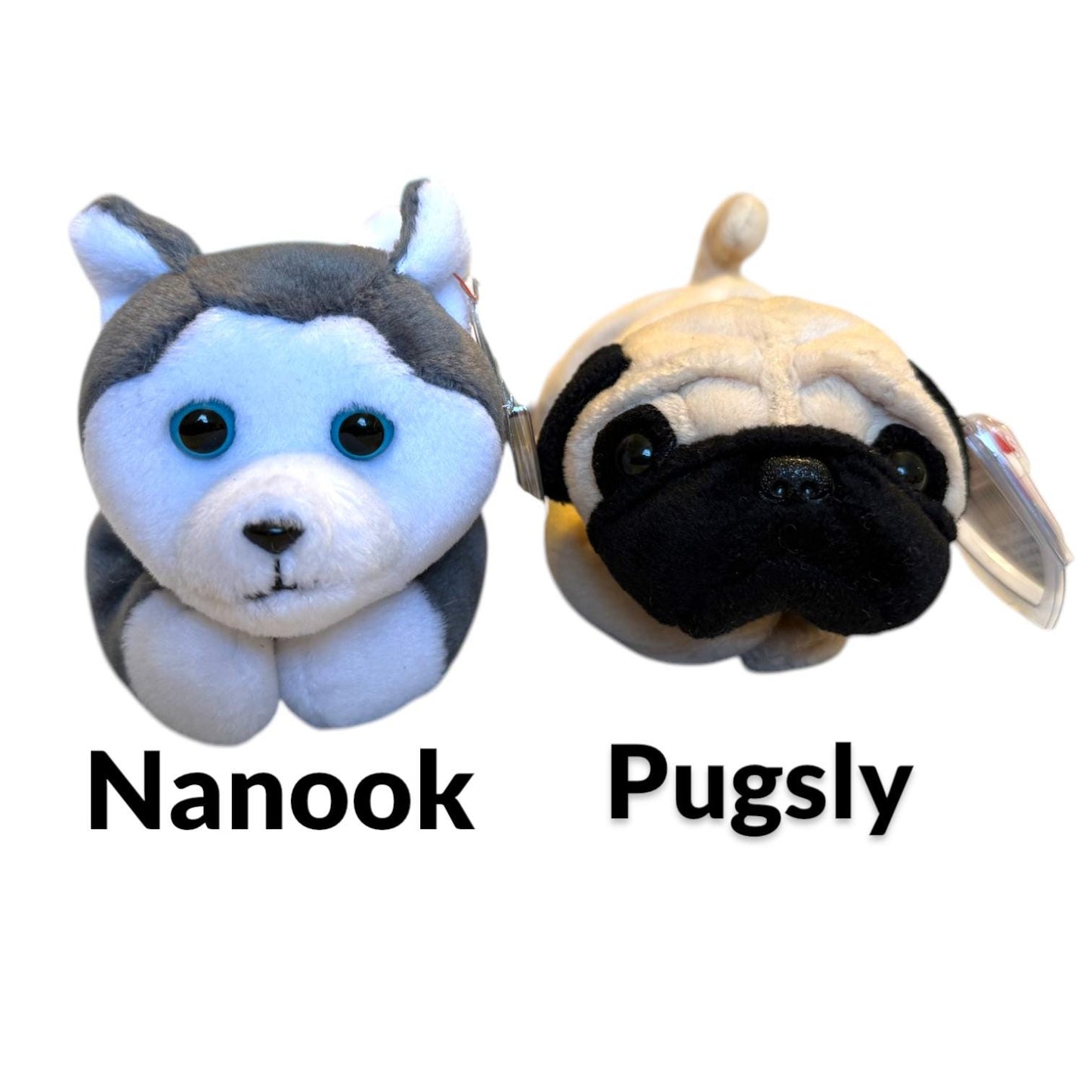 Ty Beanie Babies Dogs Doby, Dotty, Sparky, Pugsly, Wrinkles, Bernie, Bones, Fetch, Spunky, Bruno, Spot, Nanook