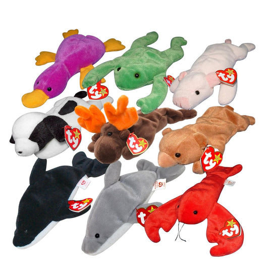 Ty Beanie Babies The Original 9 Beanies Patti, Cubbie, Legs, Pinchers, Flash, Splash, Squealer, Spot, Chocolate