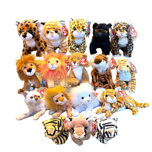 Ty Beanie Babies Big Cats Stripes, Blizzard, Canyon, Leelo, Tiggs, Chessie, Rumba, Midas 2.0, Twilight, Sneaky, India, Pride, Tracks, Bushy