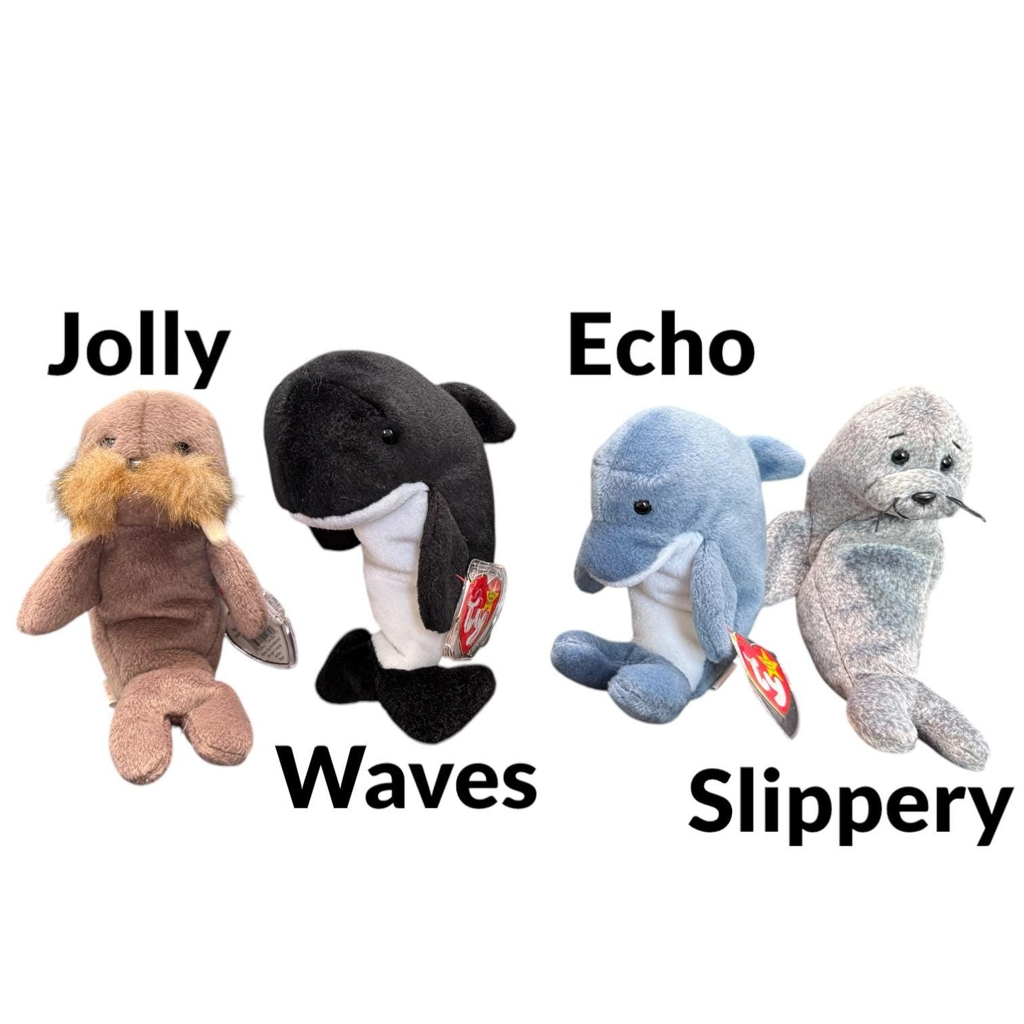 Ty Beanie Babies Manny, Tusk, Bubbles, Speedy, Happy, Lips, Oriel, Poseidon, Quackers, Scoop, Pinky, Wish, Zoom, Peekaboo, Tubbo, Ally, Echo