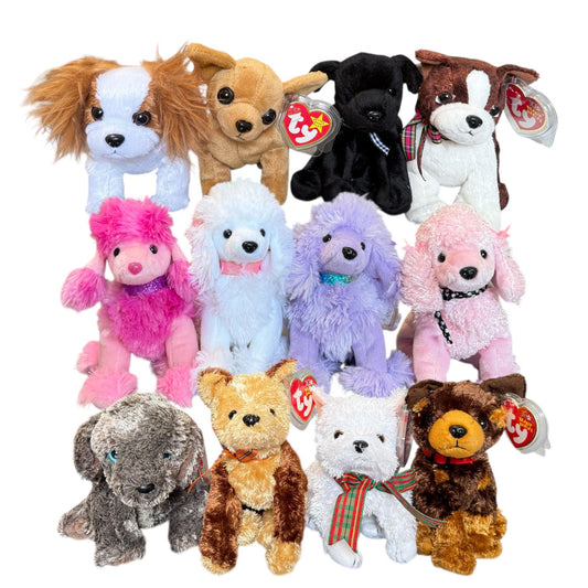 Ty Beanie Babies Dogs Poodle’s Ohh-La-La, Demure, Brigitte, L’amore, Kirby, Fidget, Regal, Luke, Amigo, Frisbee, Tiny