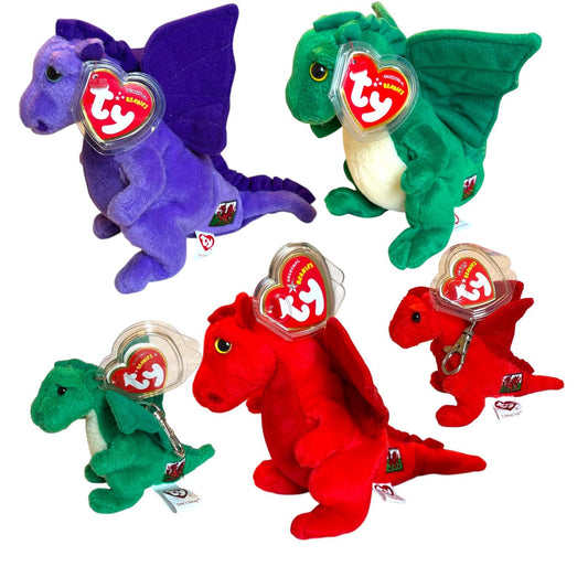 Ty Beanie Babies Dragons UK Exclusives Dewi Y Ddraig, Dwenwen, Y Ddraig Goch