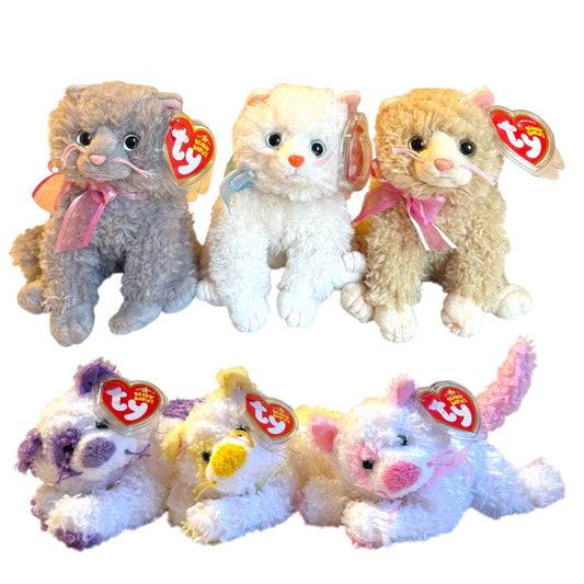 Ty Beanie Babies Cats Muff, Pluff, Fluff, Saffron, Pinkerton, Violetta