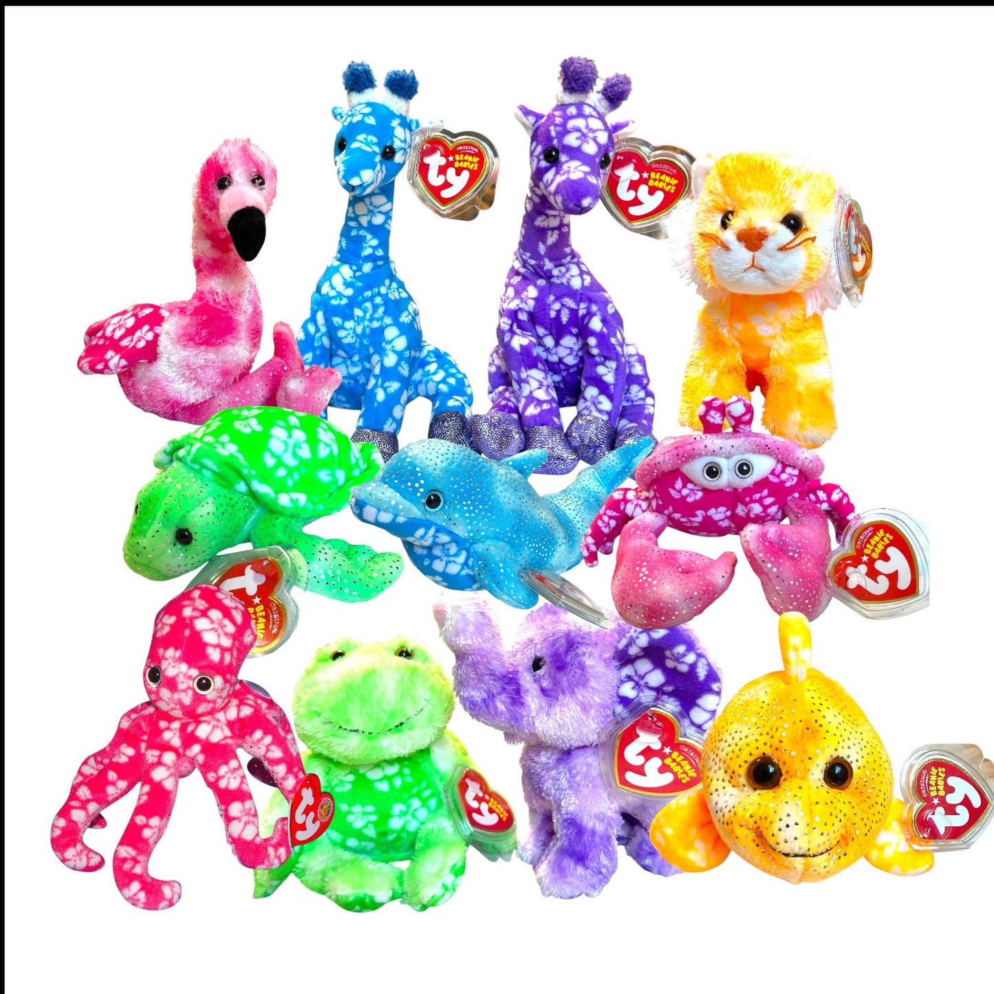 Ty Beanie Babies Hibiscus Collection Sunnie, Sandals, Sunrise, Sunset, Sunburst, Tiki, Reefs, Palms, Coastline, Docks
