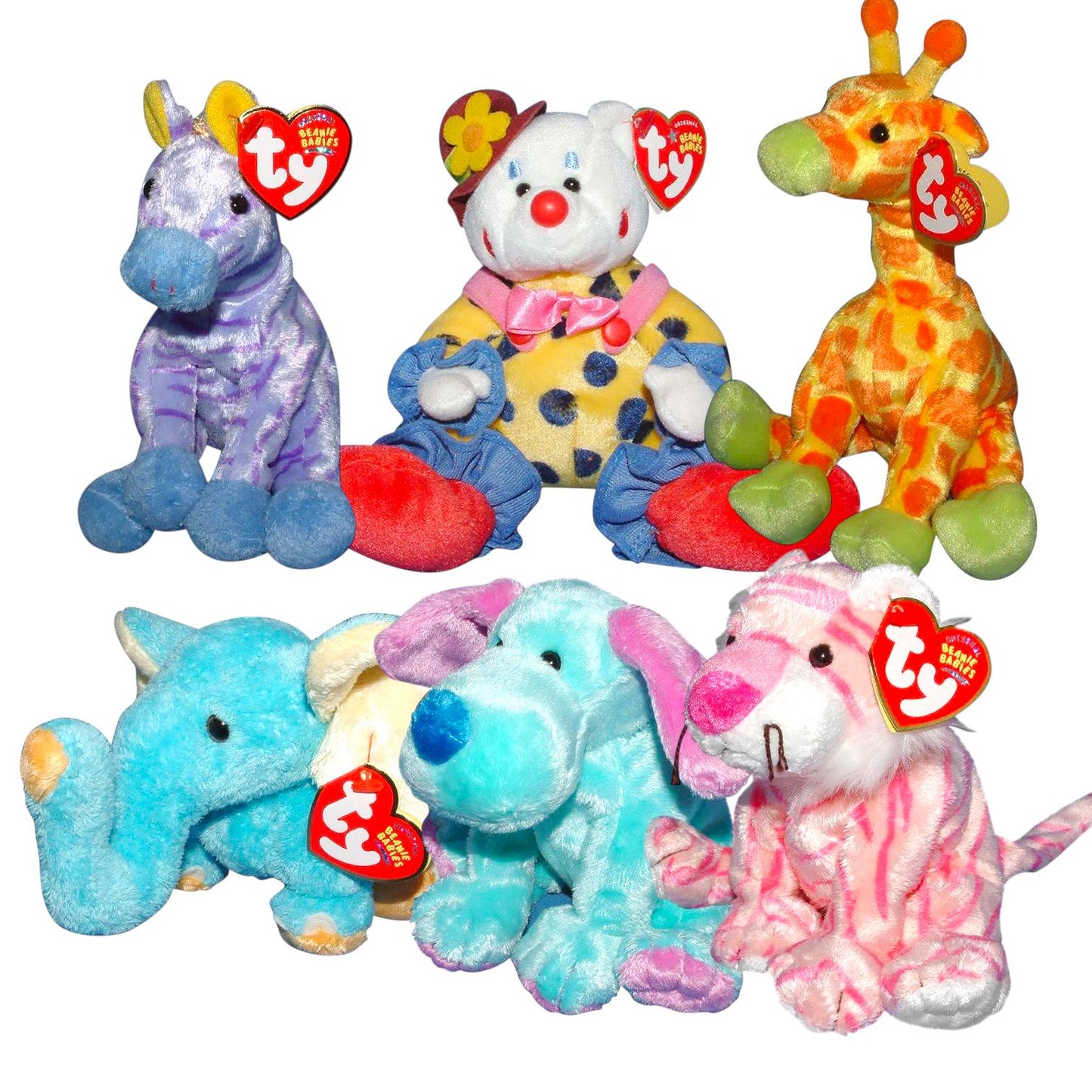 Ty Beanie Babies Circus Collection Juggles The Clown Bear, Mystique, Jimbo, Giraffiti, Vegas, Kookie