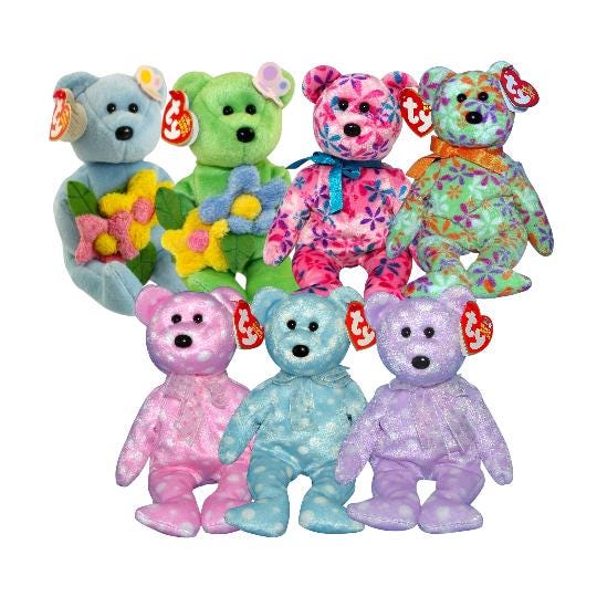 Ty Beanie Babies Bears Raine, Bluebonnet, Funky, Groovey, Bubbly, Toast, Fizz