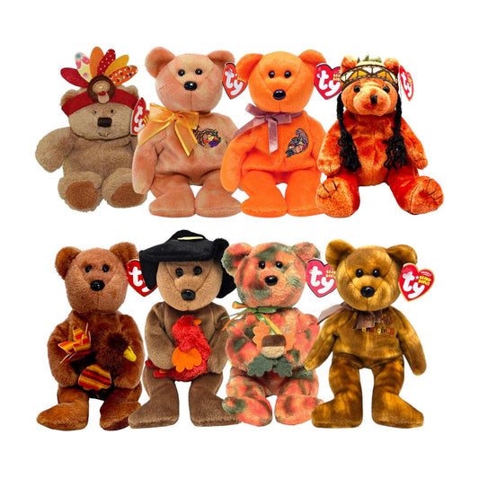 Ty Beanie Babies Thanksgiving Theme Leaves, Harvester, Gratefully, Thankful, Little Bear, Little Feather, Plymouth, Pilgrim