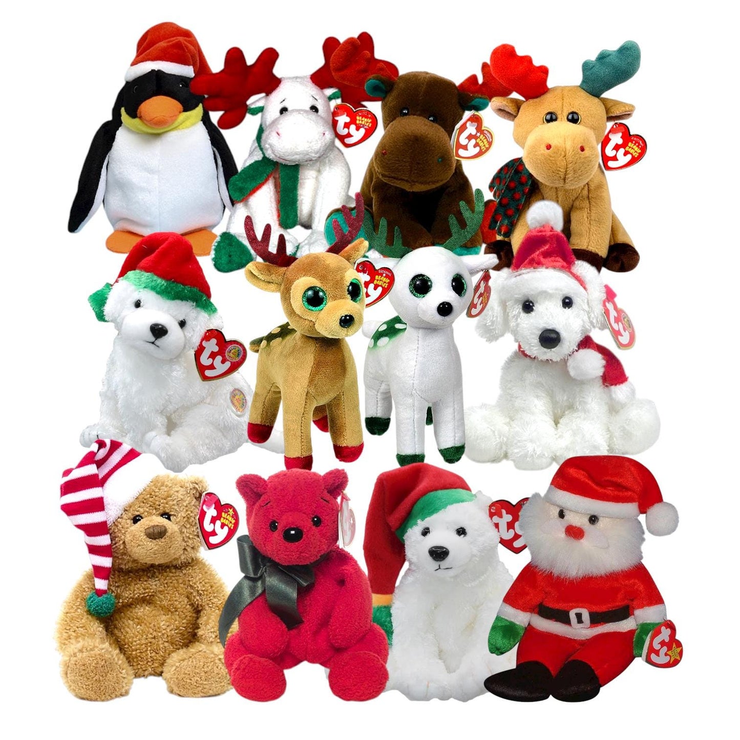 Ty Beanie Babies Holiday Winter Christmas Tinsel, Santa, Skis, Mistletoe, Trimmings, Moosletoe, Harold, Zero, Peppermint, Snowdrift