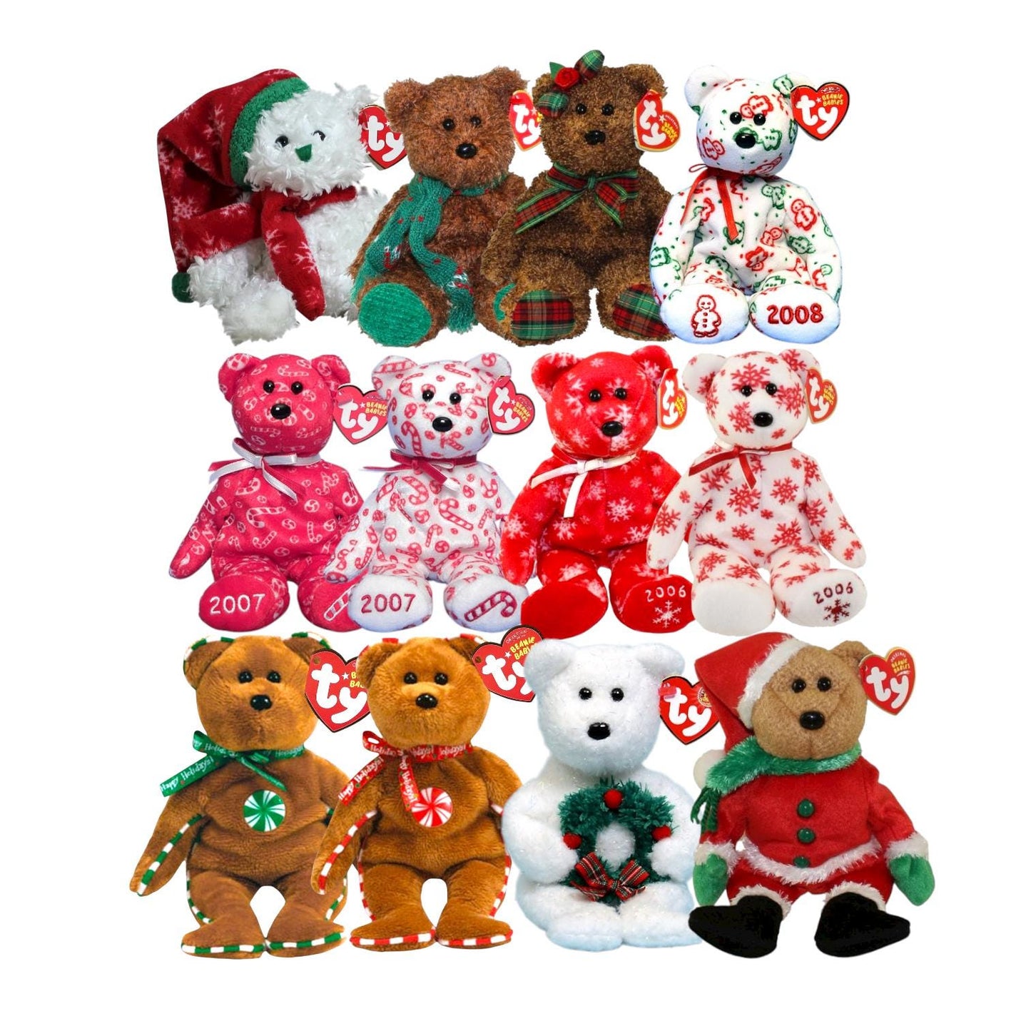 Ty Beanie Babies Holiday Bears Candy Canes, Snowbelles, Merriment, Peppermint, Spearment, Happy Holidays, Seasons Greetings, Gingerspice
