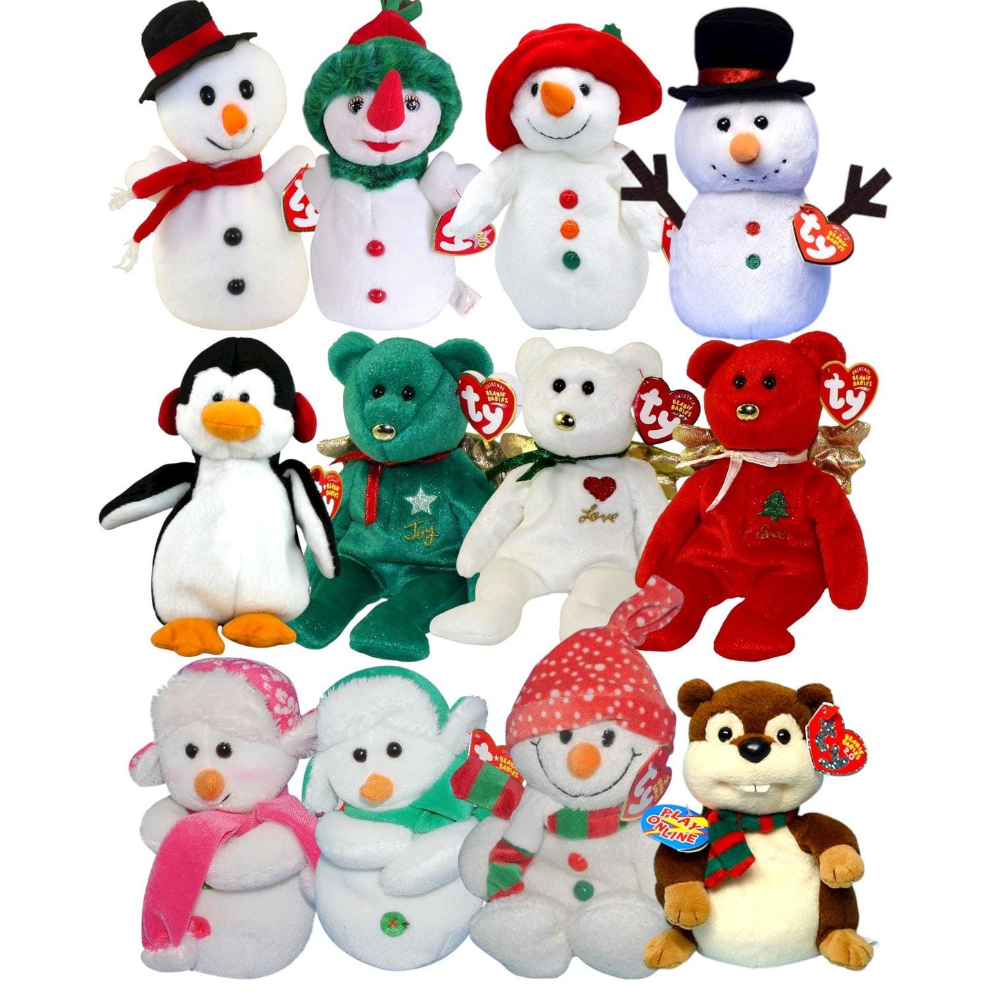 Ty Beanie Babies Holiday Snowball, Snowgirl, Gift, Twigs, Yule, Snowbanks, Ms. Snow, Mr. Snow, Chillin’, Freezie