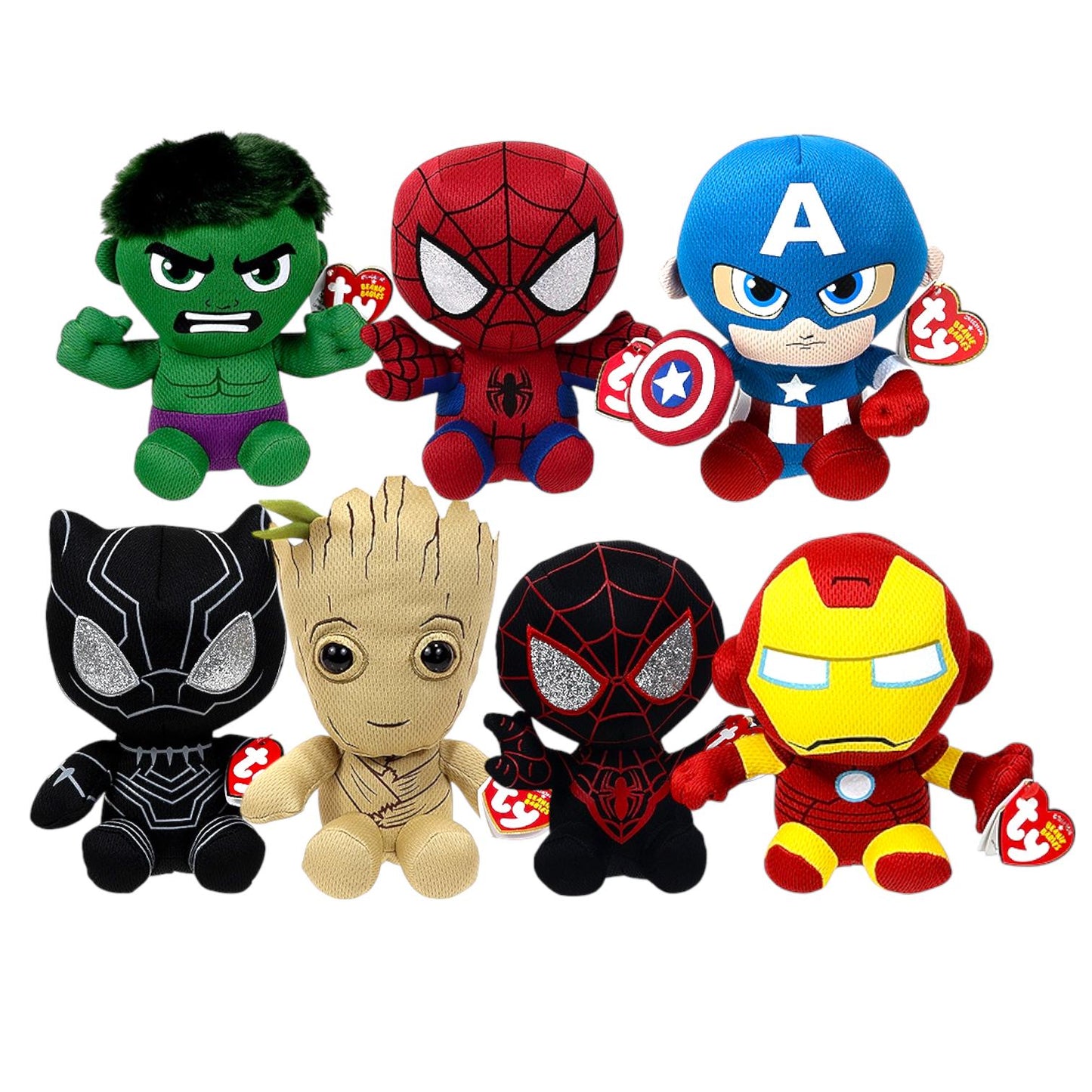 Ty Beanie Babies Marvel Characters 2016 Release Hulk, Iron Man, Captain America, Spider-Man, Groot, 2018 Miles Morales