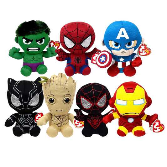 Ty Beanie Babies Marvel Characters 2016 Release Hulk, Iron Man, Captain America, Spider-Man, Groot, 2018 Miles Morales