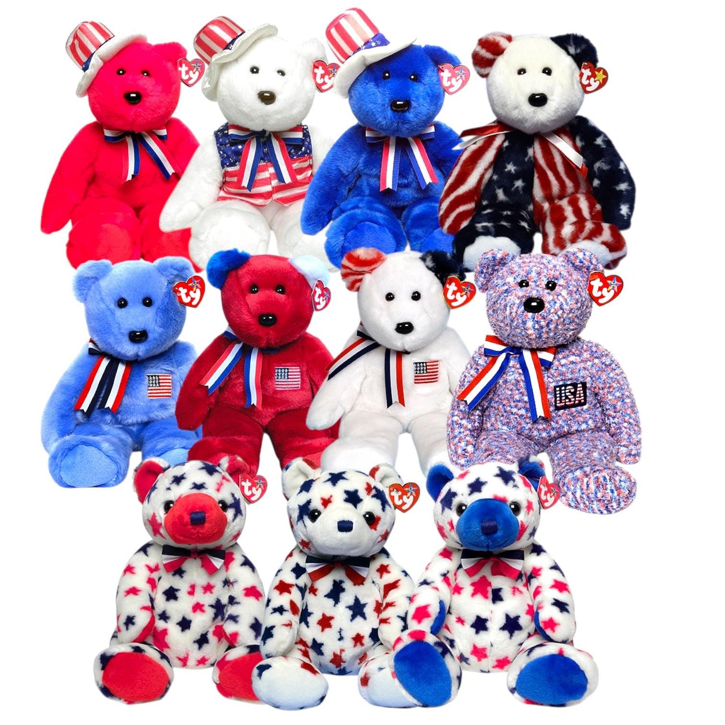 Ty Beanie Buddies Patriotic Bears USA, Spangle, America, Red, White, Blue, Sam