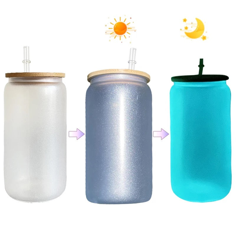 FREE GIFT3 In 1 UV and Glow 16oz Sublimation Glass Can With Bamboo Lid