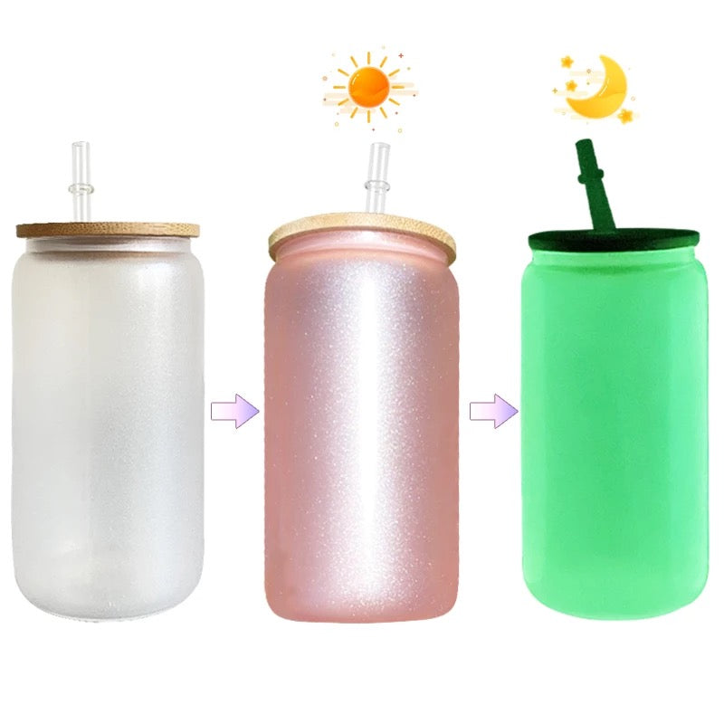 FREE GIFT3 In 1 UV and Glow 16oz Sublimation Glass Can With Bamboo Lid