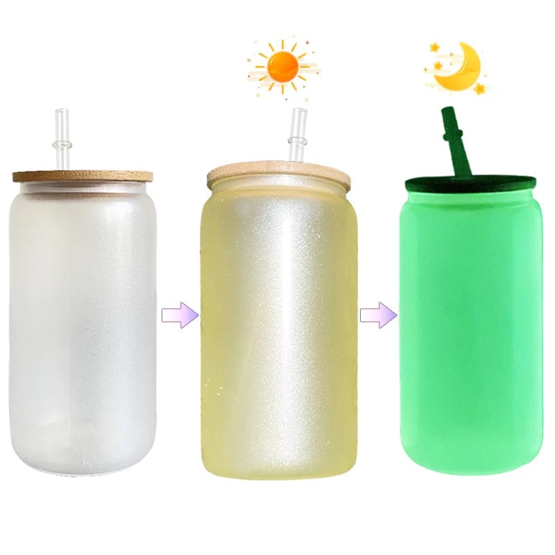 FREE GIFT3 In 1 UV and Glow 16oz Sublimation Glass Can With Bamboo Lid