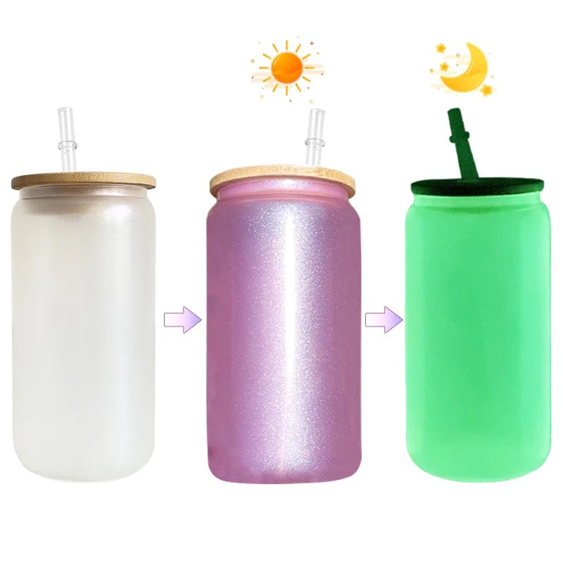 FREE GIFT3 In 1 UV and Glow 16oz Sublimation Glass Can With Bamboo Lid